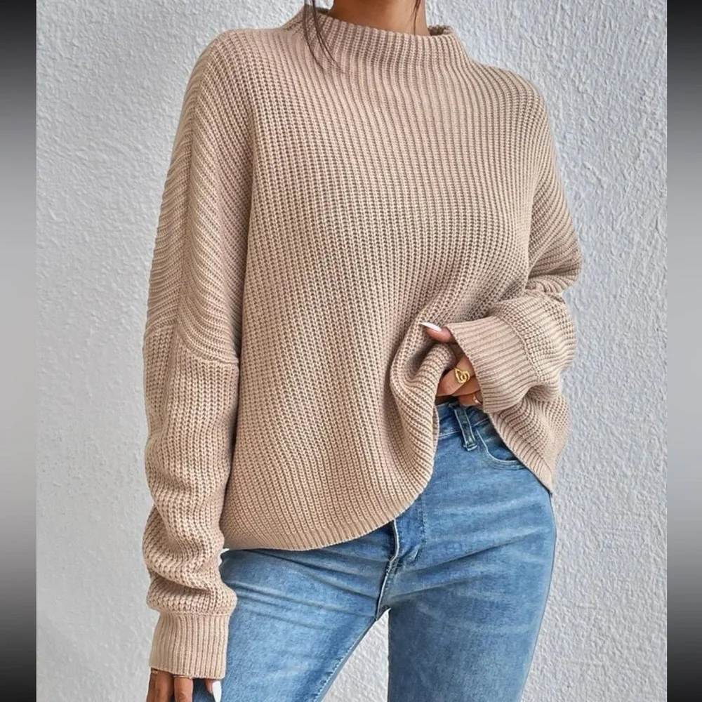 Cozy Oversized Mock Neck Long Sleeve Ribbed Knit Sweater Top - Picture 1 of 8